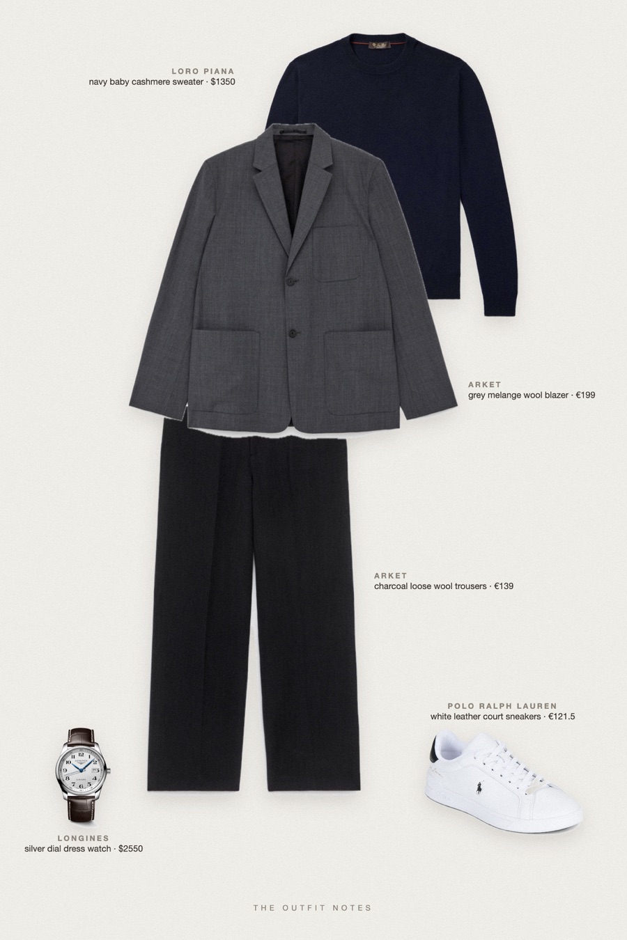 Flat-lay of the pieces in this outfit: grey melange wool blazer, navy baby cashmere sweater, charcoal loose wool trousers, white leather court sneakers, silver dial dress watch.