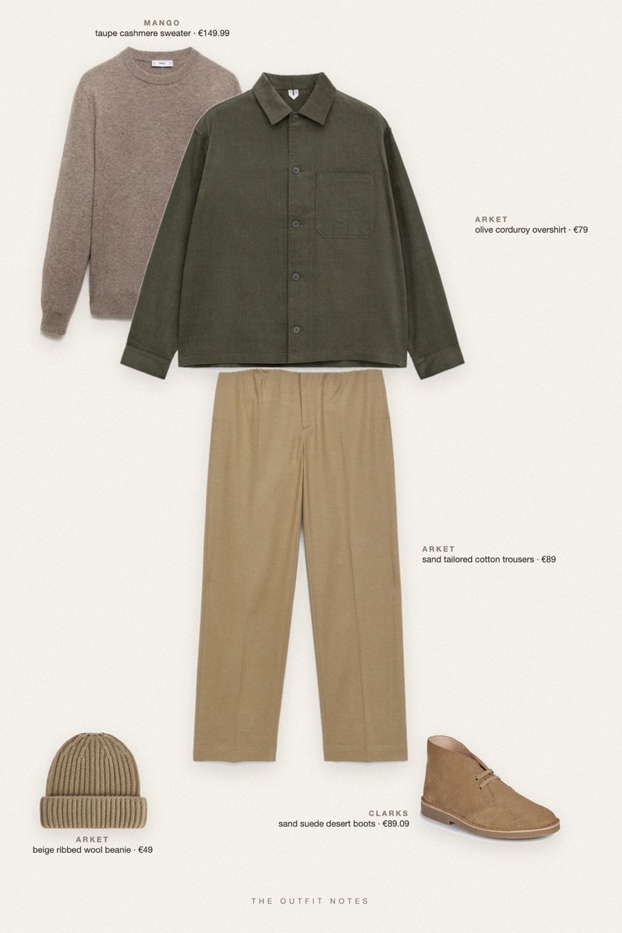 Flat-lay of the pieces in this outfit: olive corduroy overshirt, taupe cashmere sweater, sand tailored cotton trousers, sand suede desert boots, beige ribbed wool beanie.
