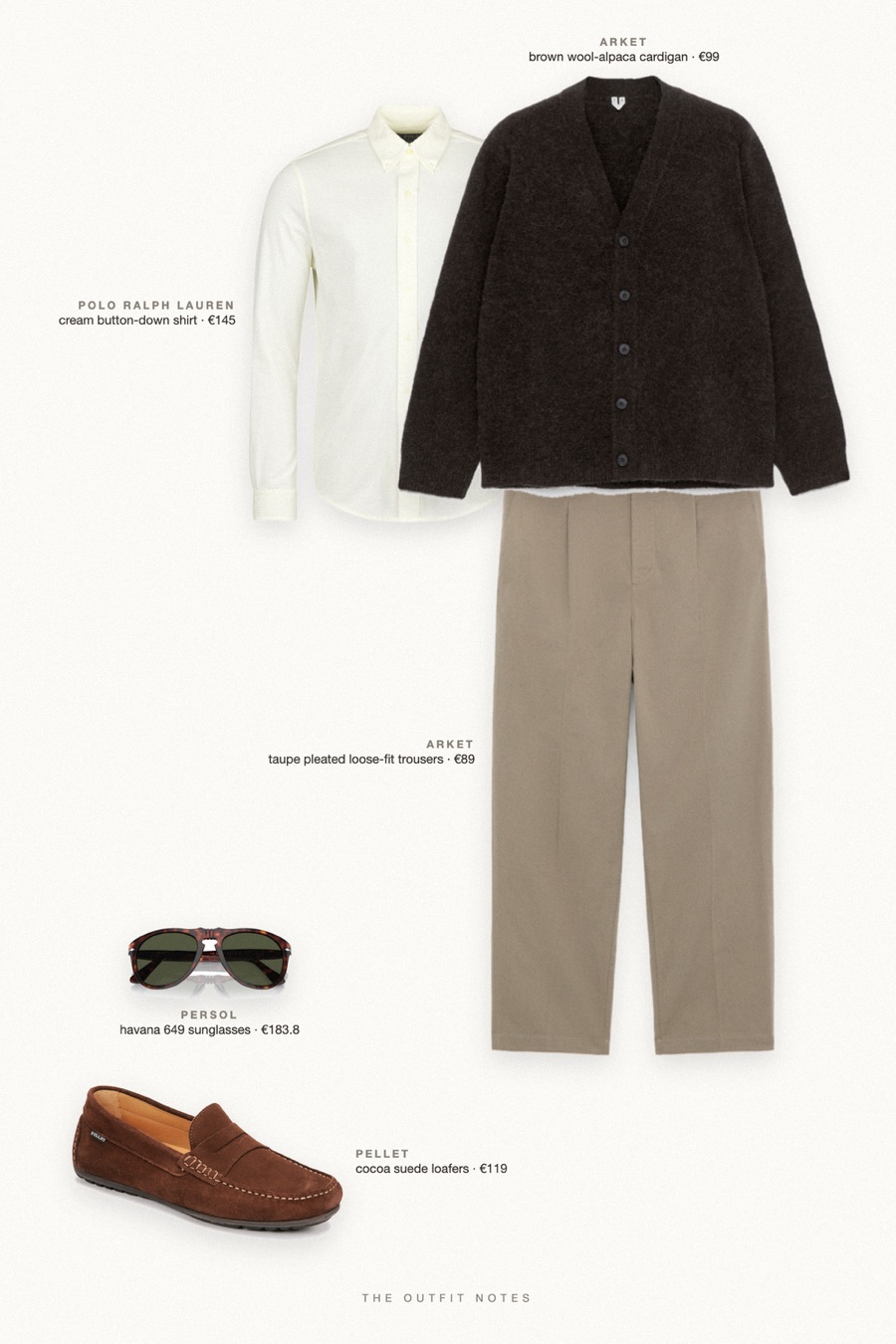 Flat-lay of the pieces in this outfit: brown wool-alpaca cardigan, cream button-down shirt, taupe pleated loose-fit trousers, cocoa suede loafers, havana 649 sunglasses.