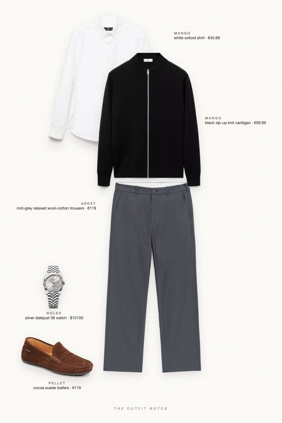 Flat-lay of the pieces in this outfit: black zip-up knit cardigan, white oxford shirt, mid-grey relaxed wool-cotton trousers, cocoa suede loafers, silver datejust 36 watch.