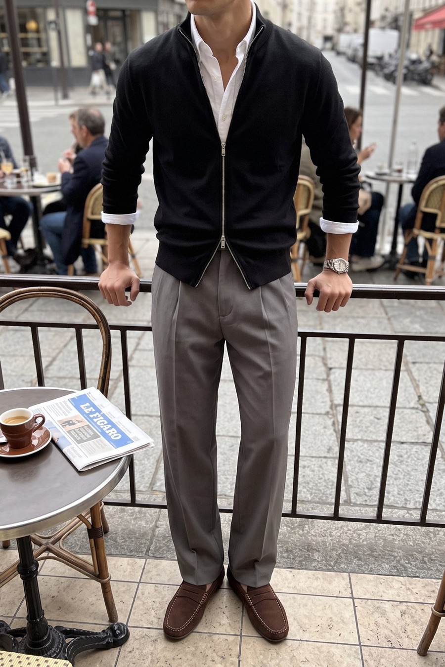 Faceless photo of a man at a café terrace table in a black zip cardigan over a white shirt, grey trousers and brown suede loafers, steel Rolex watch on wrist beside an espresso.
