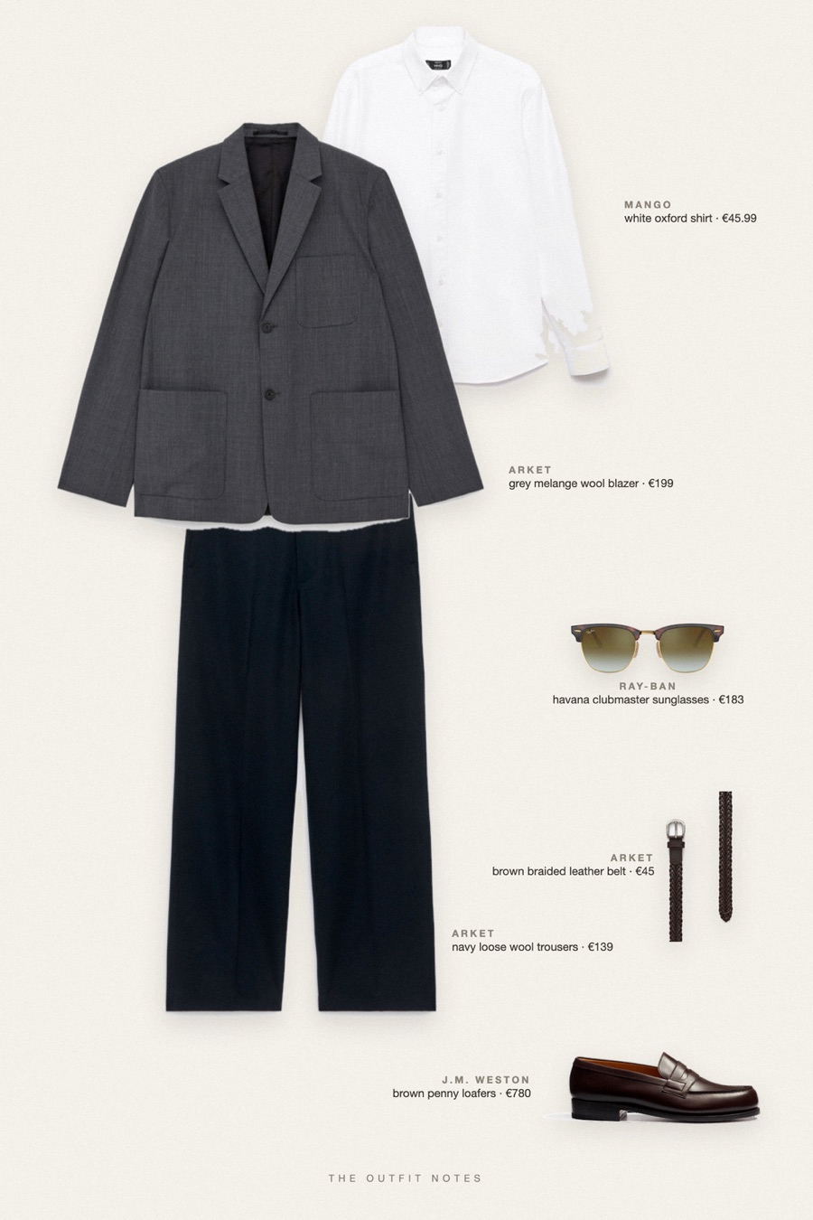 Flat-lay of the pieces in this outfit: grey melange wool blazer, white oxford shirt, navy loose wool trousers, brown penny loafers, brown braided leather belt, havana clubmaster sunglasses.