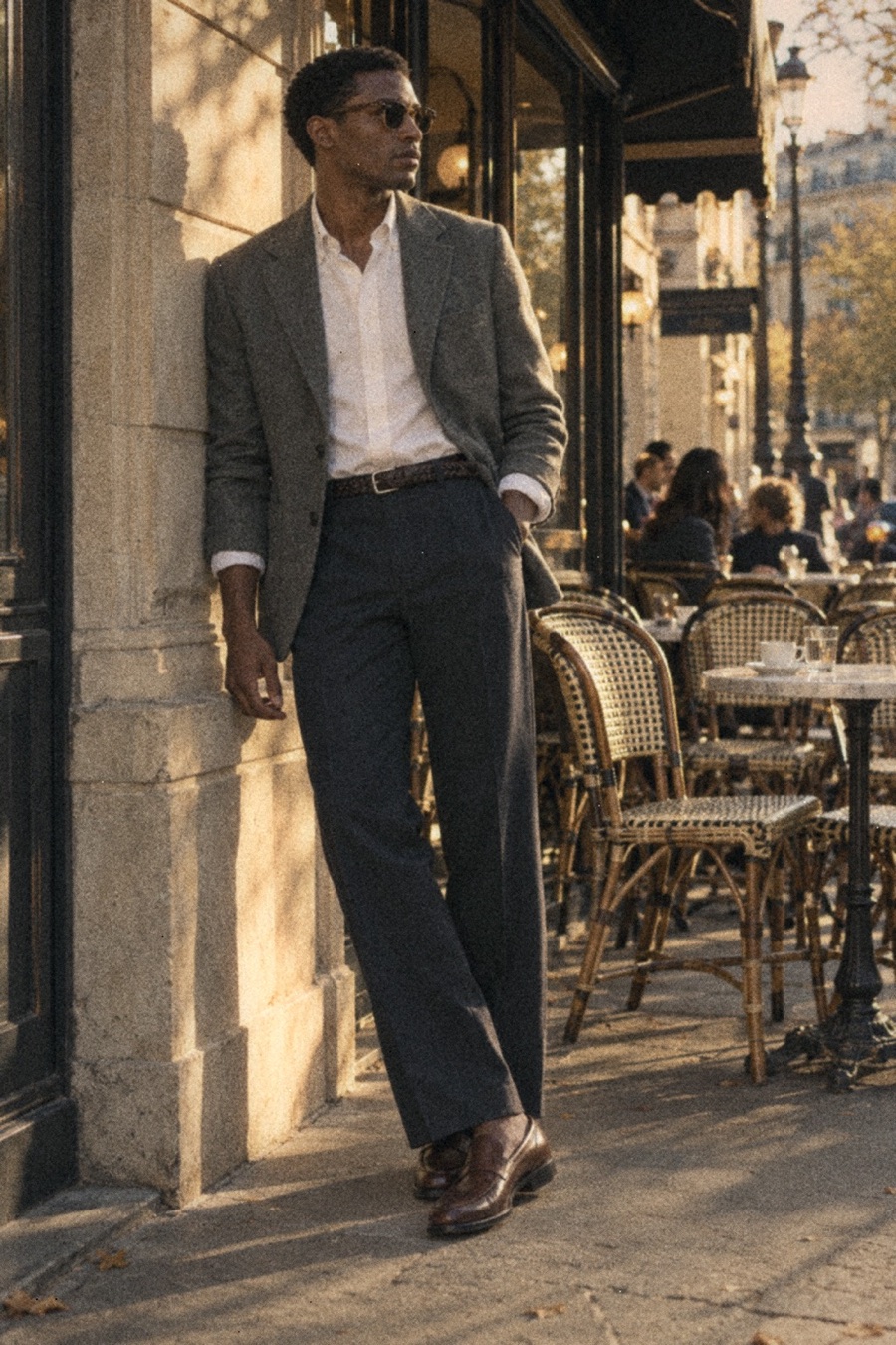 Man with short natural hair seated at a Paris cafe terrace in early autumn wearing a grey wool blazer, white Oxford shirt, navy trousers, brown belt, brown leather moccasins and Clubmaster sunglasses.