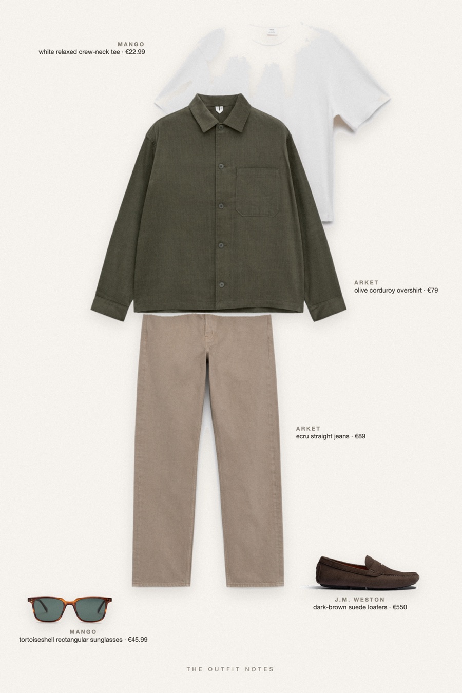 Flat-lay of the pieces in this outfit: olive corduroy overshirt, white relaxed crew-neck tee, ecru straight jeans, dark-brown suede loafers, tortoiseshell rectangular sunglasses.