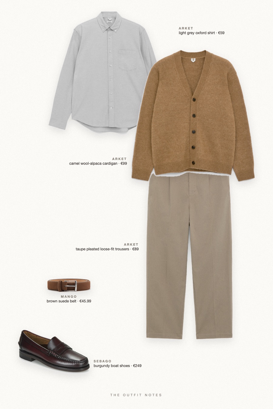 Flat-lay of the pieces in this outfit: camel wool-alpaca cardigan, light grey oxford shirt, taupe pleated loose-fit trousers, burgundy boat shoes, brown suede belt.