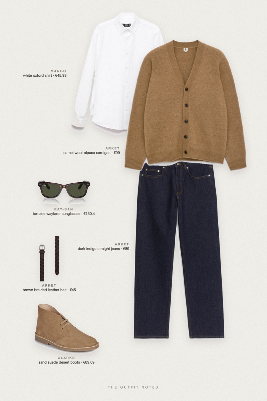 Flat-lay of the pieces in this outfit: camel wool-alpaca cardigan, white oxford shirt, dark indigo straight jeans, sand suede desert boots, brown braided leather belt, tortoise wayfarer sunglasses.