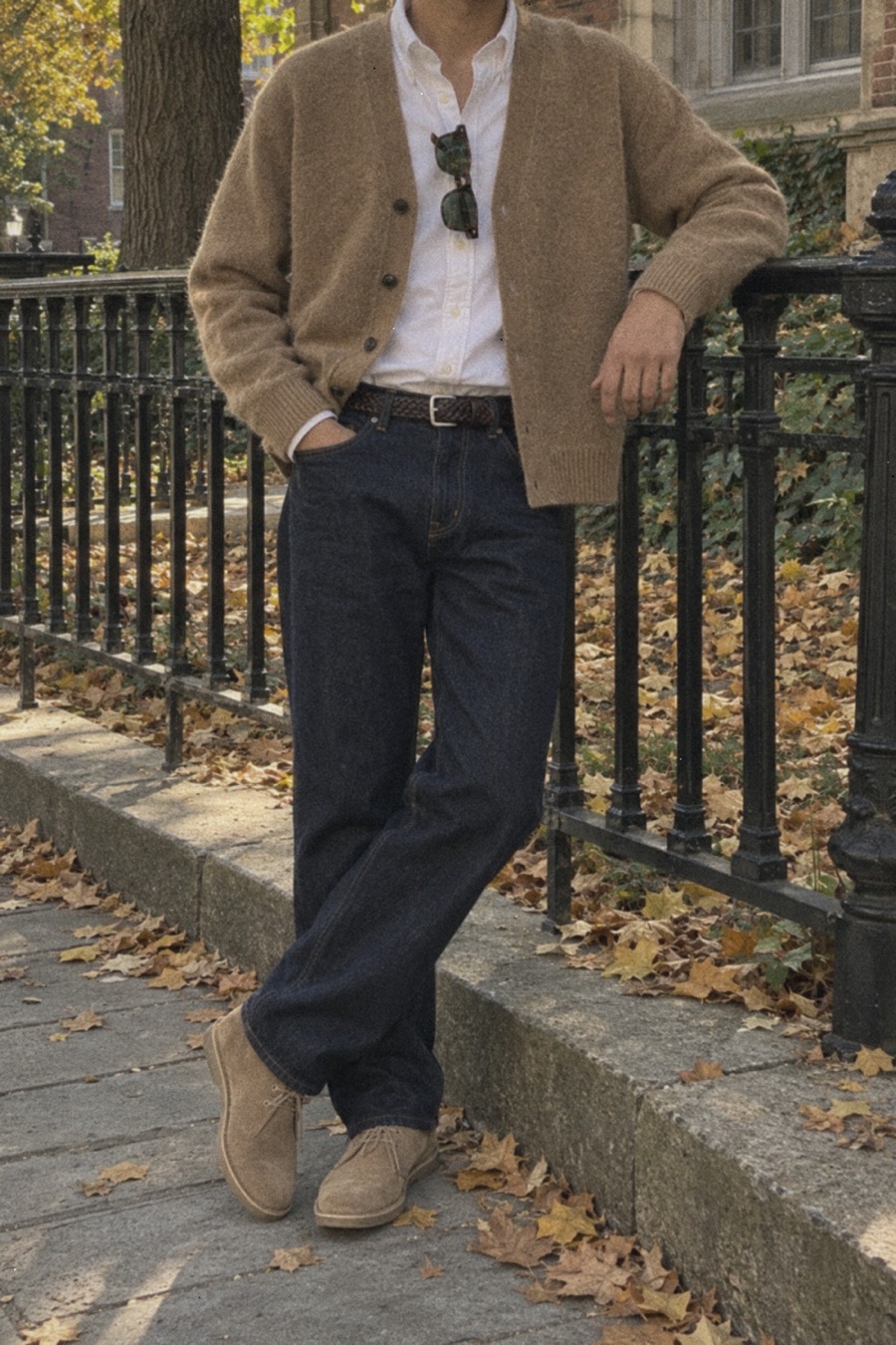 Man photographed from the neck down on a brick campus street in autumn, wearing a camel cardigan over a white oxford shirt, dark blue jeans and sand suede desert boots, leaning on a black iron railing.