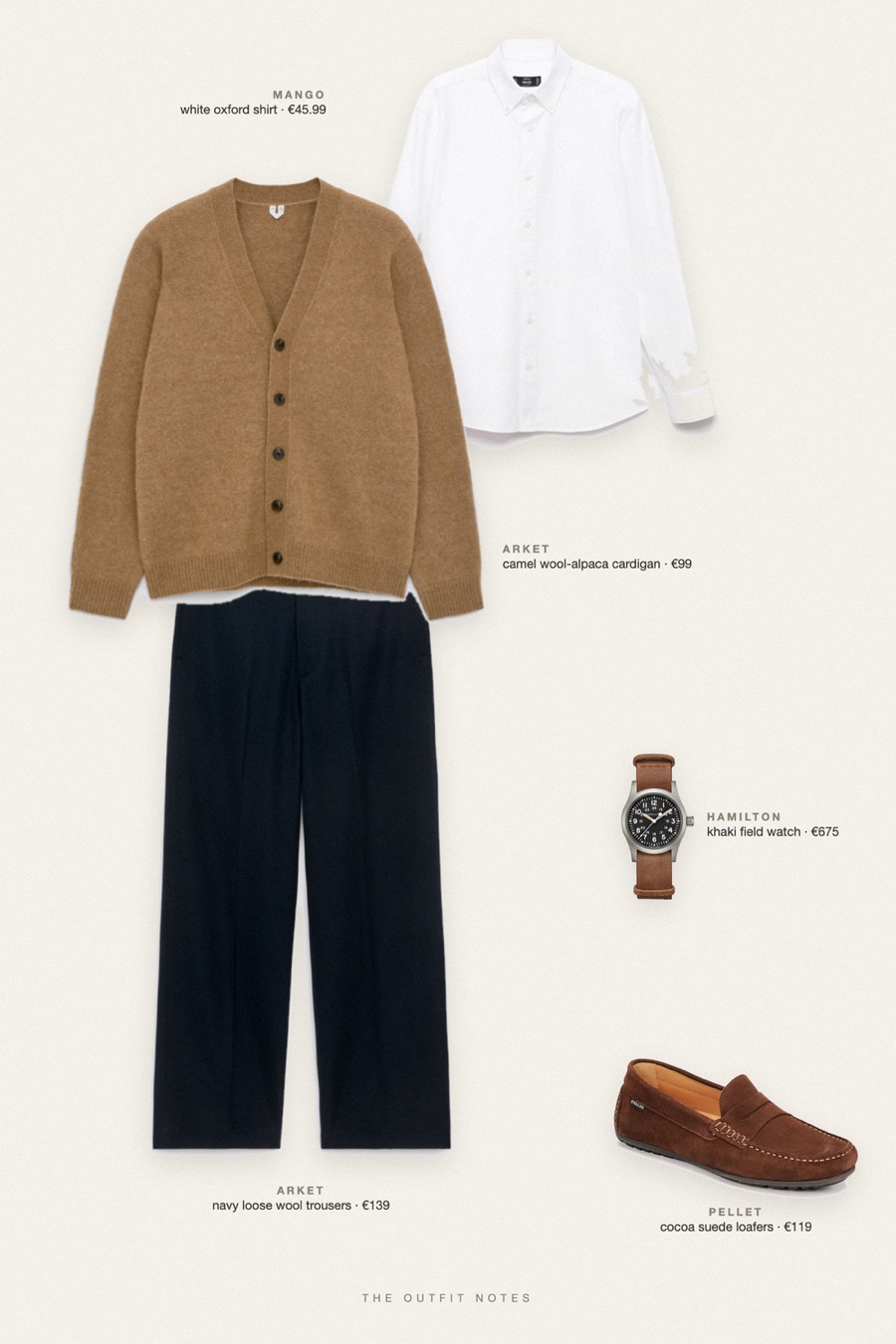 Flat-lay of the pieces in this outfit: camel wool-alpaca cardigan, white oxford shirt, navy loose wool trousers, cocoa suede loafers, khaki field watch.