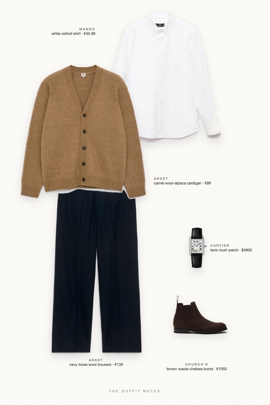 Flat-lay of the pieces in this outfit: camel wool-alpaca cardigan, white oxford shirt, navy loose wool trousers, brown suede chelsea boots, tank must watch.