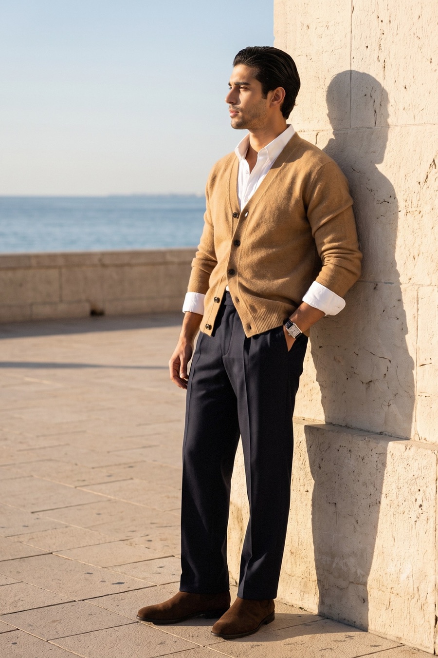 Man in a camel cardigan over a white shirt and navy trousers looking out to sea from a sunlit stone wall on a seaside promenade, with a Cartier watch and suede boots.