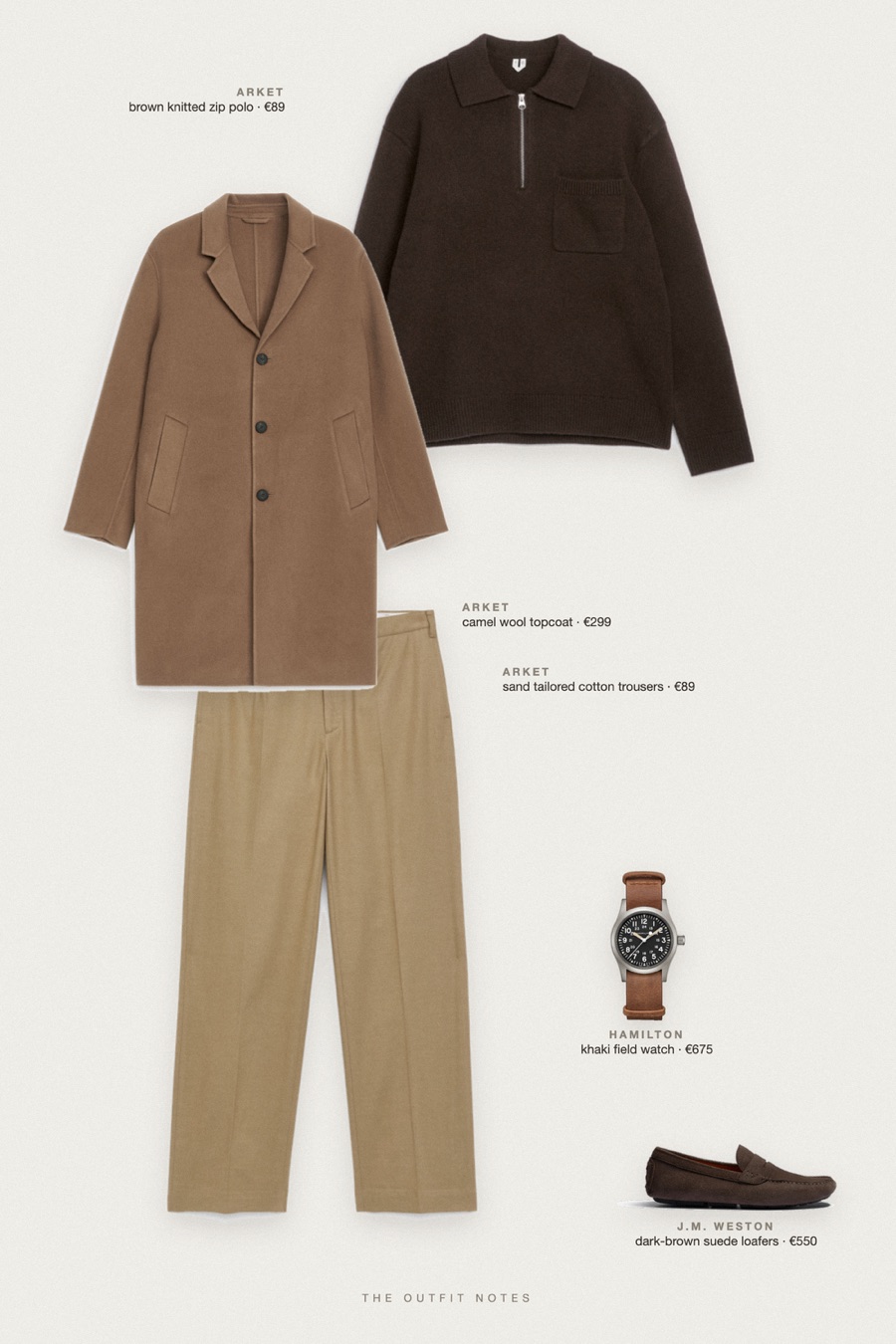 Flat-lay of the pieces in this outfit: camel wool topcoat, brown knitted zip polo, sand tailored cotton trousers, dark-brown suede loafers, khaki field watch.