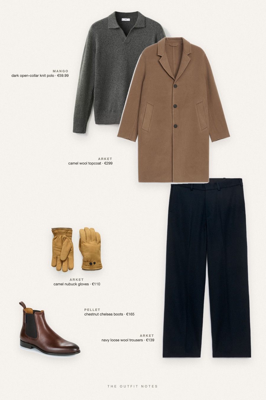 Flat-lay of the pieces in this outfit: camel wool topcoat, dark open-collar knit polo, navy loose wool trousers, chestnut chelsea boots, camel nubuck gloves.