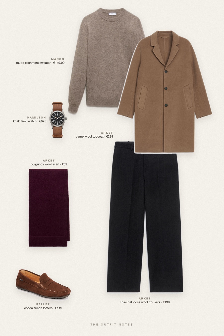 Flat-lay of the pieces in this outfit: taupe cashmere sweater, charcoal loose wool trousers, cocoa suede loafers, camel wool topcoat, burgundy wool scarf, khaki field watch.