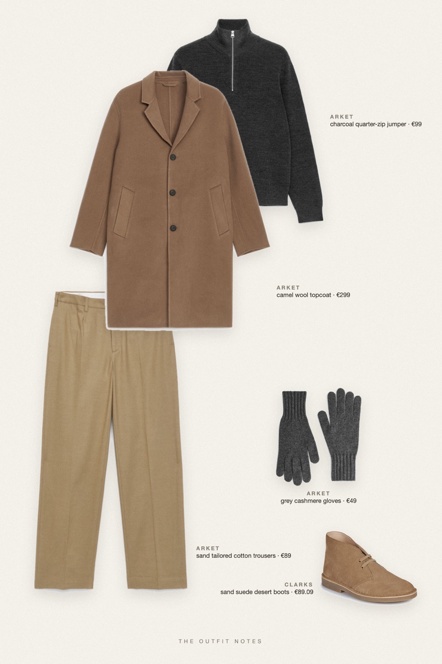 Flat-lay of the pieces in this outfit: camel wool topcoat, charcoal quarter-zip jumper, sand tailored cotton trousers, sand suede desert boots, grey cashmere gloves.