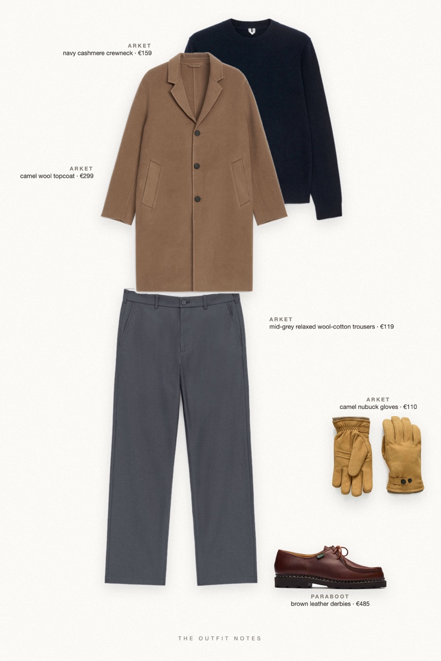 Flat-lay of the pieces in this outfit: camel wool topcoat, navy cashmere crewneck, mid-grey relaxed wool-cotton trousers, brown leather derbies, camel nubuck gloves.