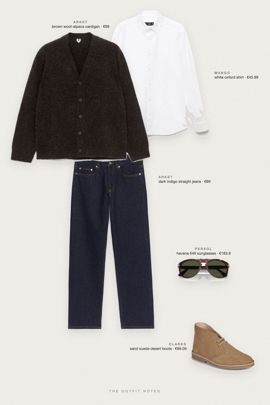 Flat-lay of the pieces in this outfit: brown wool-alpaca cardigan, white oxford shirt, dark indigo straight jeans, sand suede desert boots, havana 649 sunglasses.