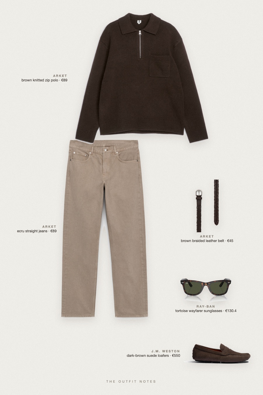 Flat-lay of the pieces in this outfit: brown knitted zip polo, ecru straight jeans, dark-brown suede loafers, brown braided leather belt, tortoise wayfarer sunglasses.