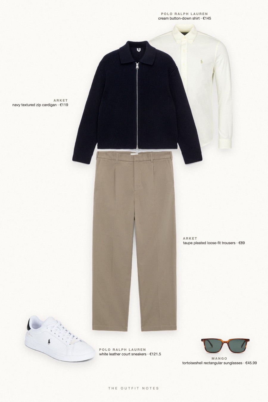Flat-lay of the pieces in this outfit: navy textured zip cardigan, cream button-down shirt, taupe pleated loose-fit trousers, white leather court sneakers, tortoiseshell rectangular sunglasses.
