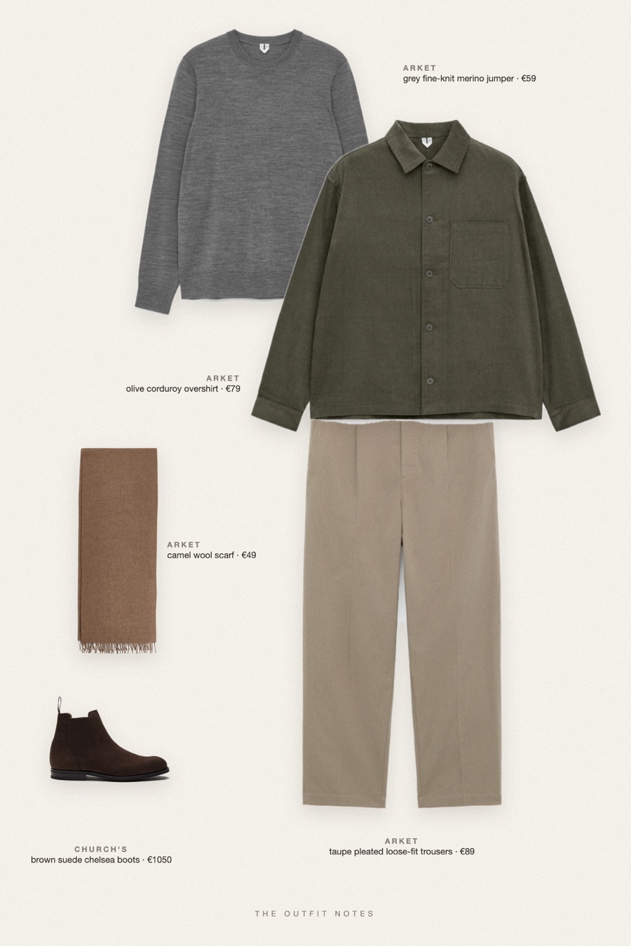 Flat-lay of the pieces in this outfit: olive corduroy overshirt, grey fine-knit merino jumper, taupe pleated loose-fit trousers, brown suede chelsea boots, camel wool scarf.
