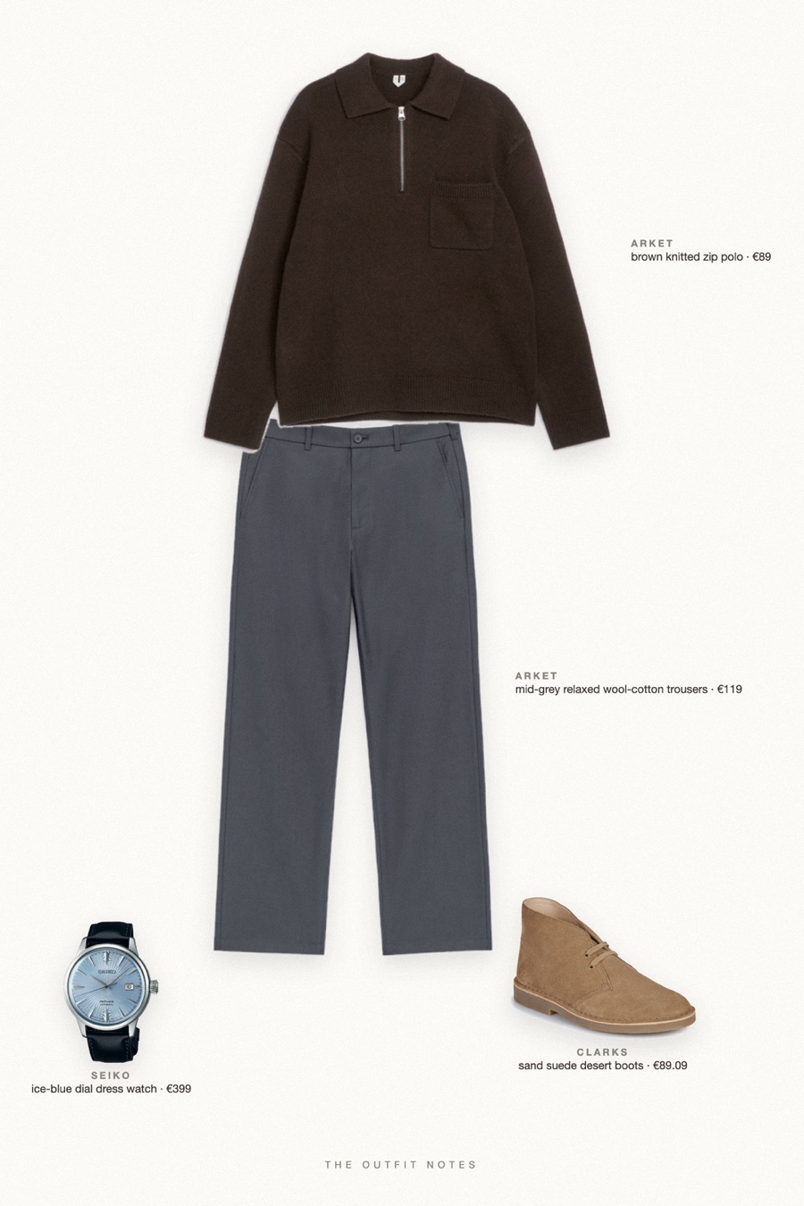 Flat-lay of the pieces in this outfit: brown knitted zip polo, mid-grey relaxed wool-cotton trousers, sand suede desert boots, ice-blue dial dress watch.