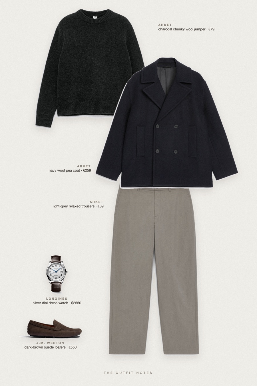 Flat-lay of the pieces in this outfit: navy wool pea coat, charcoal chunky wool jumper, light-grey relaxed trousers, dark-brown suede loafers, silver dial dress watch.