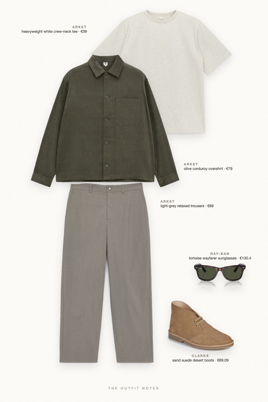 Flat-lay of the pieces in this outfit: olive corduroy overshirt, heavyweight white crew-neck tee, light-grey relaxed trousers, sand suede desert boots, tortoise wayfarer sunglasses.