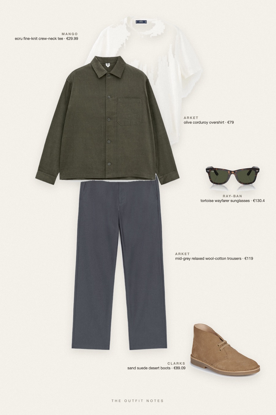 Flat-lay of the pieces in this outfit: olive corduroy overshirt, ecru fine-knit crew-neck tee, mid-grey relaxed wool-cotton trousers, sand suede desert boots, tortoise wayfarer sunglasses.