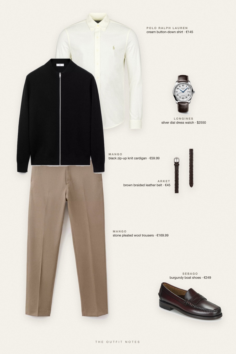 Flat-lay of the pieces in this outfit: black zip-up knit cardigan, cream button-down shirt, stone pleated wool trousers, burgundy boat shoes, brown braided leather belt, silver dial dress watch.