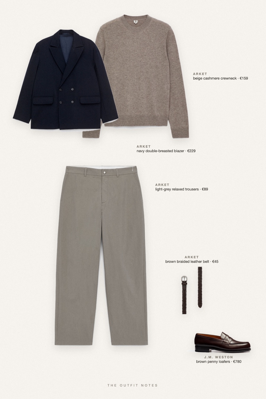 Flat-lay of the pieces in this outfit: navy double-breasted blazer, beige cashmere crewneck, light-grey relaxed trousers, brown penny loafers, brown braided leather belt.