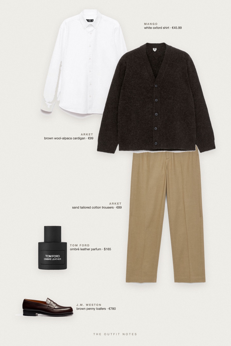 Flat-lay of the pieces in this outfit: brown wool-alpaca cardigan, white oxford shirt, sand tailored cotton trousers, brown penny loafers, ombré leather parfum.