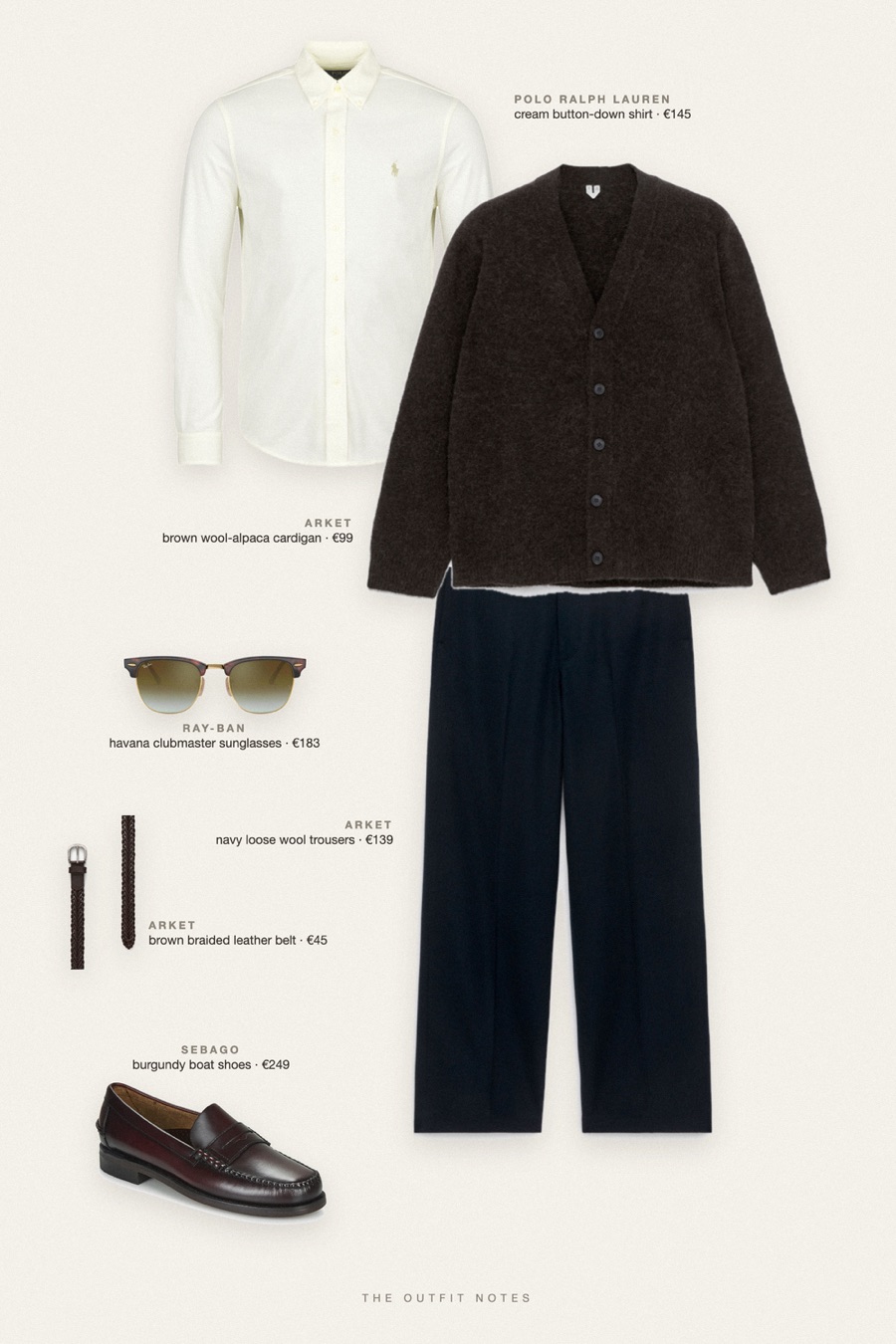Flat-lay of the pieces in this outfit: brown wool-alpaca cardigan, cream button-down shirt, navy loose wool trousers, burgundy boat shoes, brown braided leather belt, havana clubmaster sunglasses.