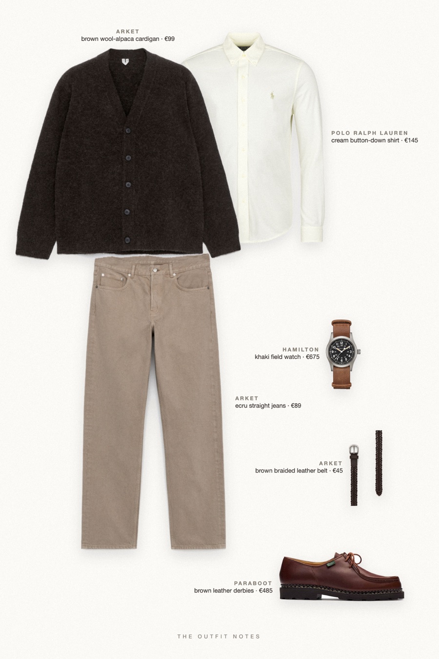 Flat-lay of the pieces in this outfit: brown wool-alpaca cardigan, cream button-down shirt, ecru straight jeans, brown leather derbies, brown braided leather belt, khaki field watch.