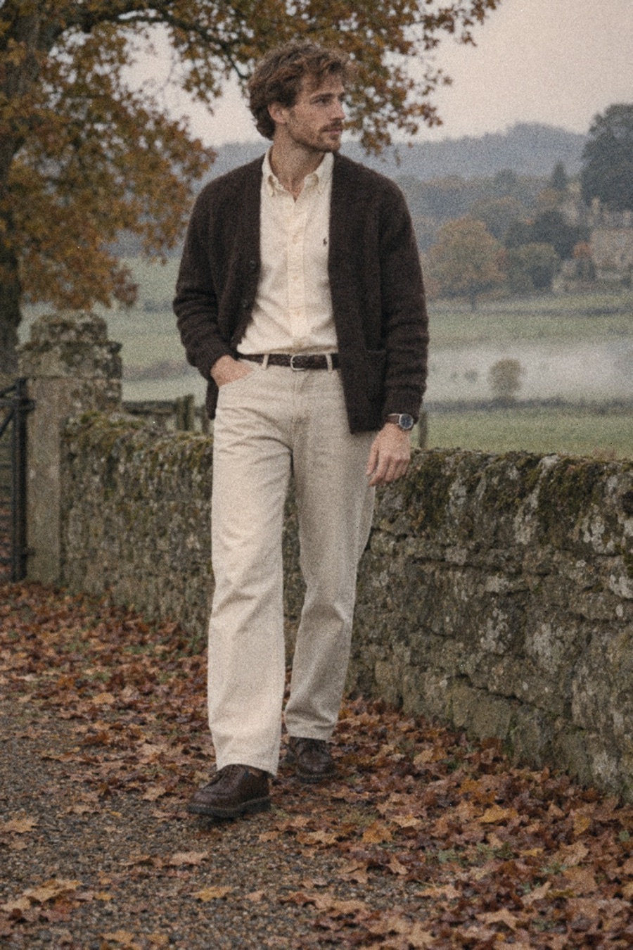 Man with tousled ginger-brown hair beside a stone wall in the English countryside, wearing a brown cardigan, cream button-down shirt, ecru jeans, braided brown belt, brown derby shoes and a field watch.