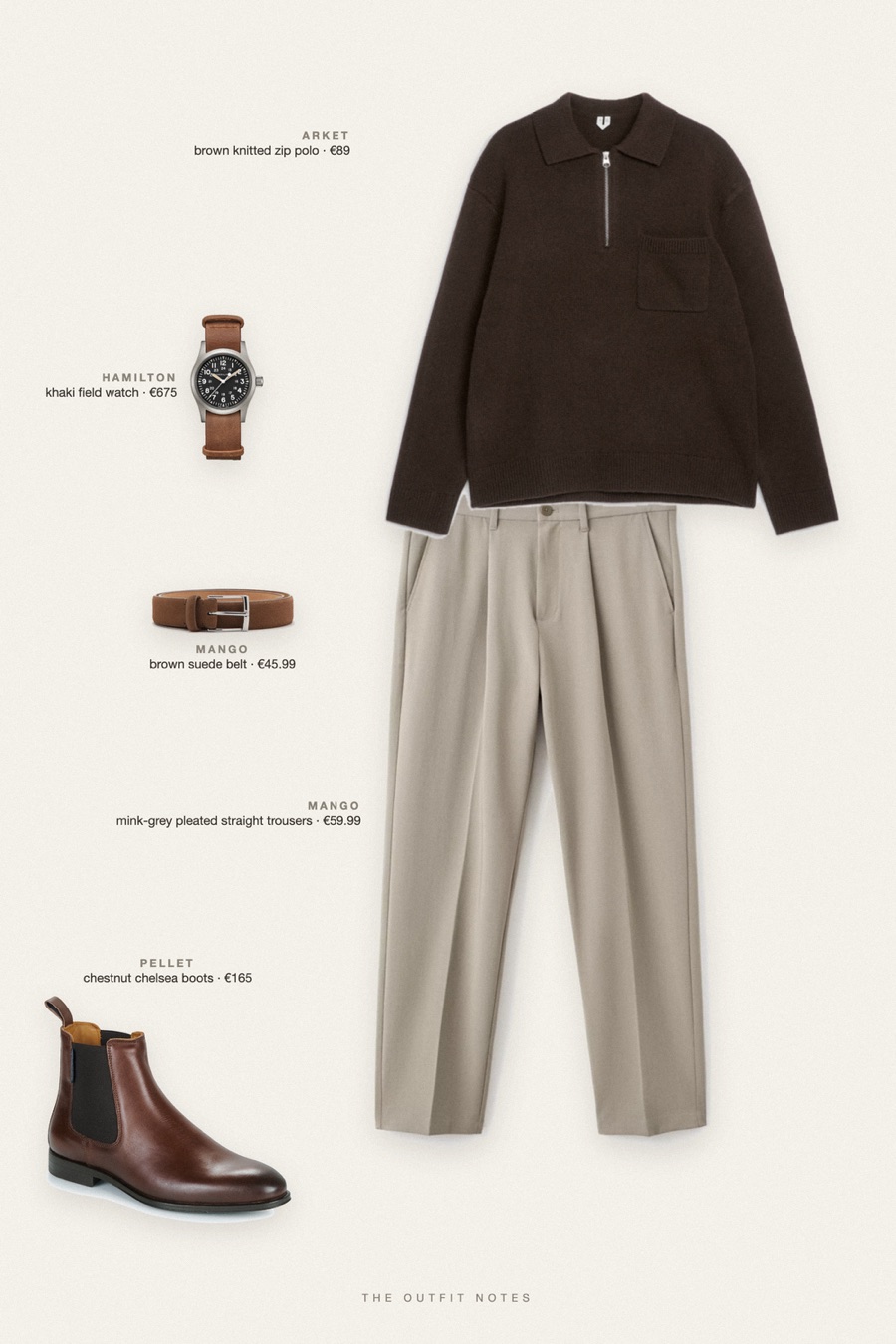 Flat-lay of the pieces in this outfit: brown knitted zip polo, mink-grey pleated straight trousers, chestnut chelsea boots, brown suede belt, khaki field watch.