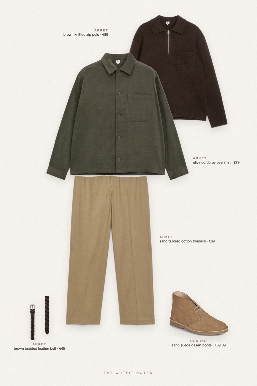 Flat-lay of the pieces in this outfit: olive corduroy overshirt, brown knitted zip polo, sand tailored cotton trousers, sand suede desert boots, brown braided leather belt.
