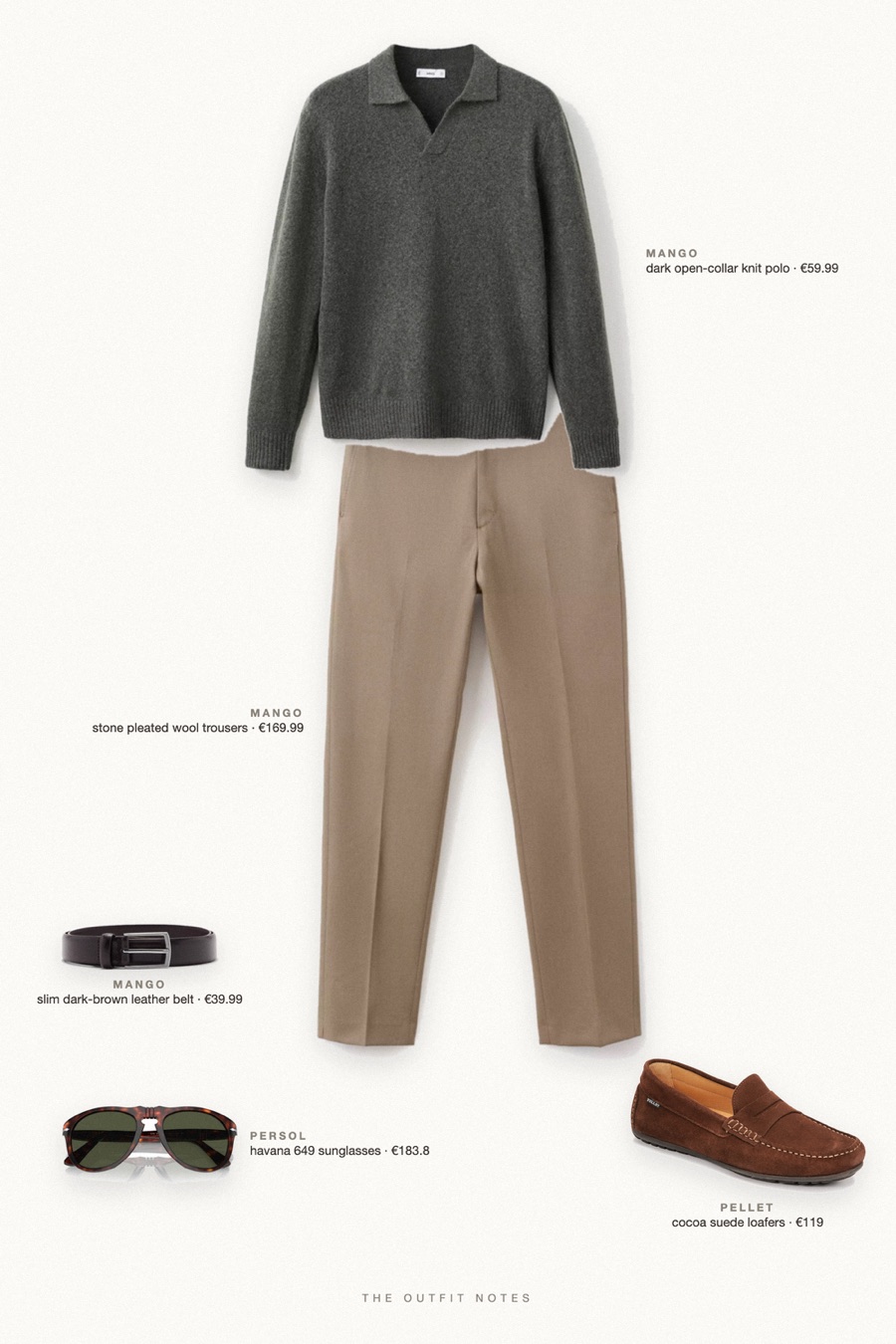 Flat-lay of the pieces in this outfit: dark open-collar knit polo, stone pleated wool trousers, cocoa suede loafers, slim dark-brown leather belt, havana 649 sunglasses.