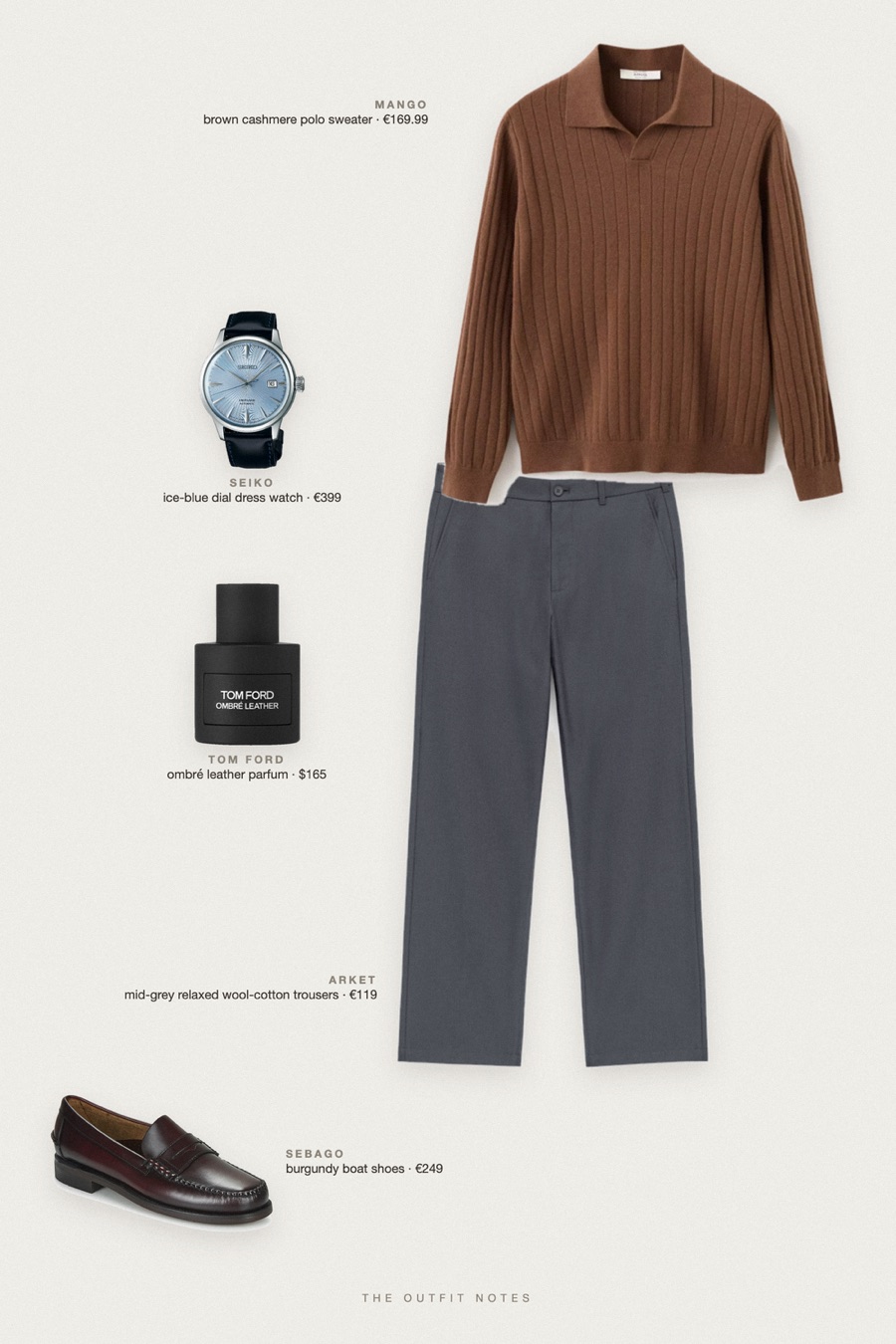 Flat-lay of the pieces in this outfit: brown cashmere polo sweater, mid-grey relaxed wool-cotton trousers, burgundy boat shoes, ombré leather parfum, ice-blue dial dress watch.
