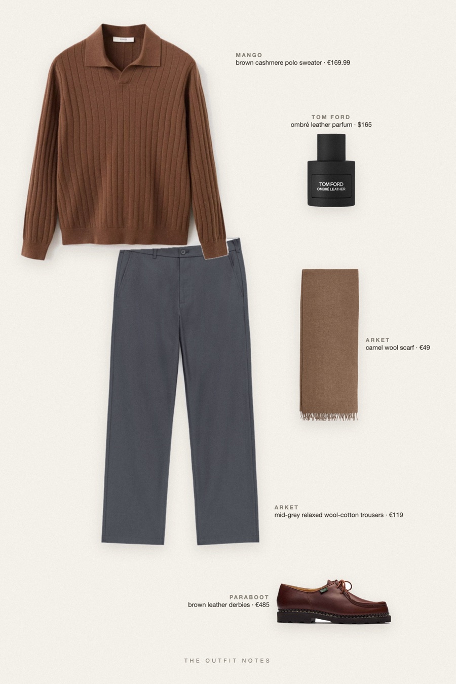 Flat-lay of the pieces in this outfit: brown cashmere polo sweater, mid-grey relaxed wool-cotton trousers, brown leather derbies, ombré leather parfum, camel wool scarf.