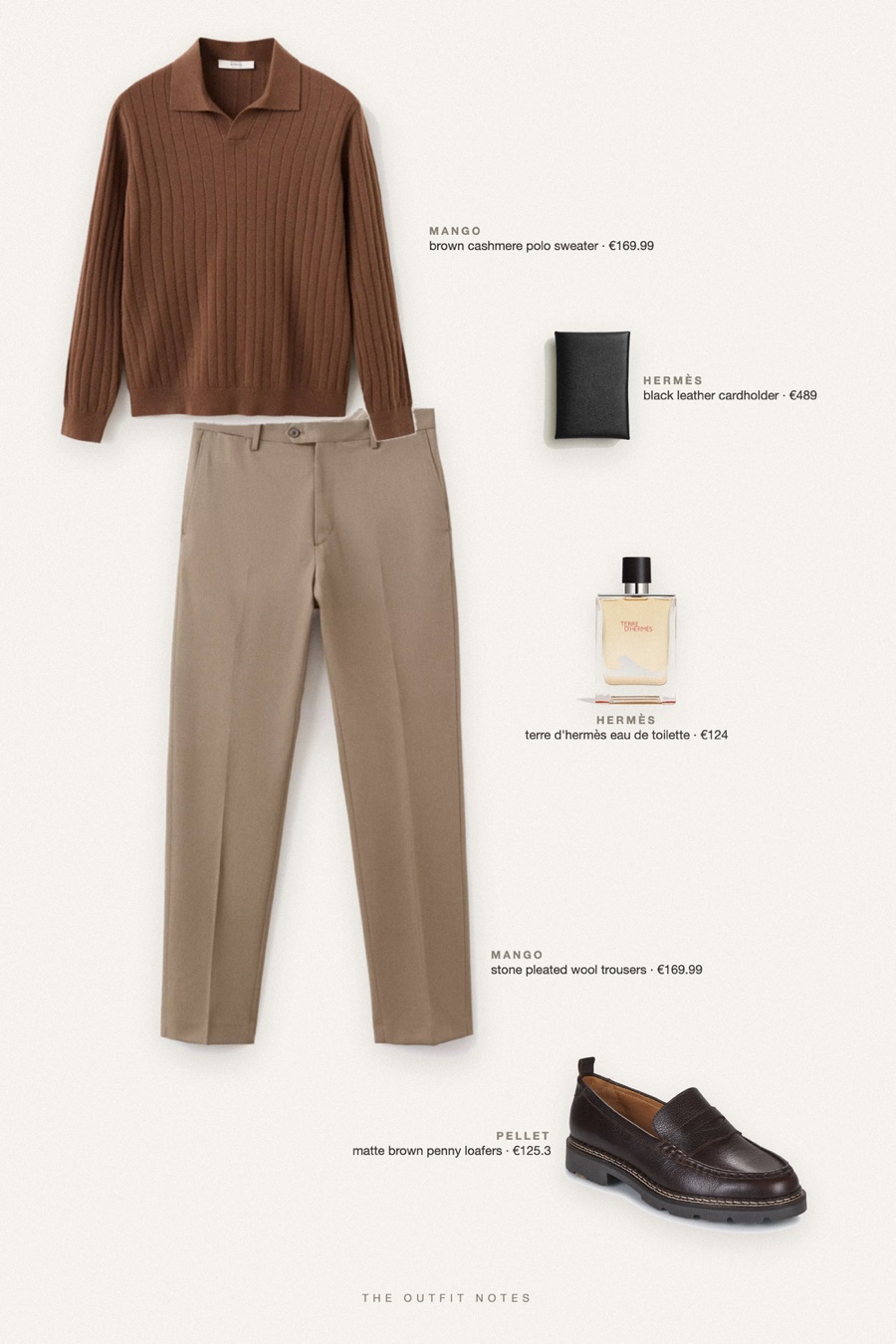 Flat-lay of the pieces in this outfit: brown cashmere polo sweater, stone pleated wool trousers, matte brown penny loafers, black leather cardholder, terre d'hermès eau de toilette.