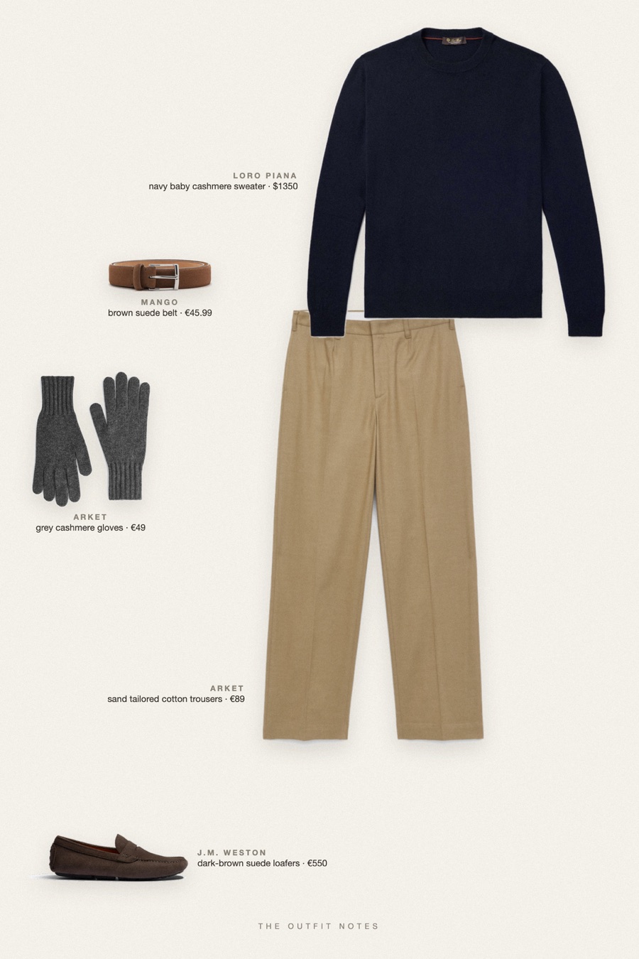 Flat-lay of the pieces in this outfit: navy baby cashmere sweater, sand tailored cotton trousers, dark-brown suede loafers, brown suede belt, grey cashmere gloves.