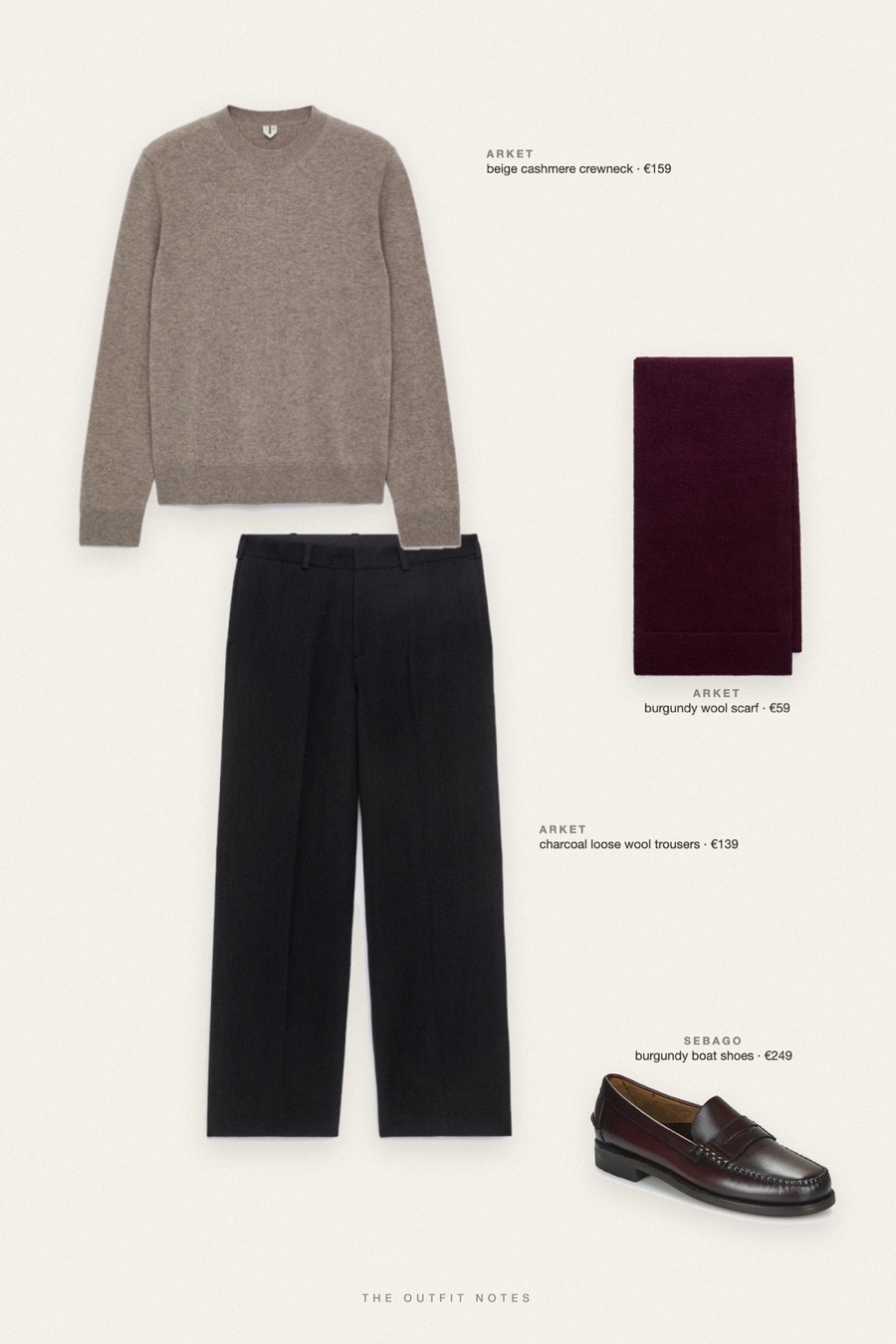 Flat-lay of the pieces in this outfit: beige cashmere crewneck, charcoal loose wool trousers, burgundy boat shoes, burgundy wool scarf.