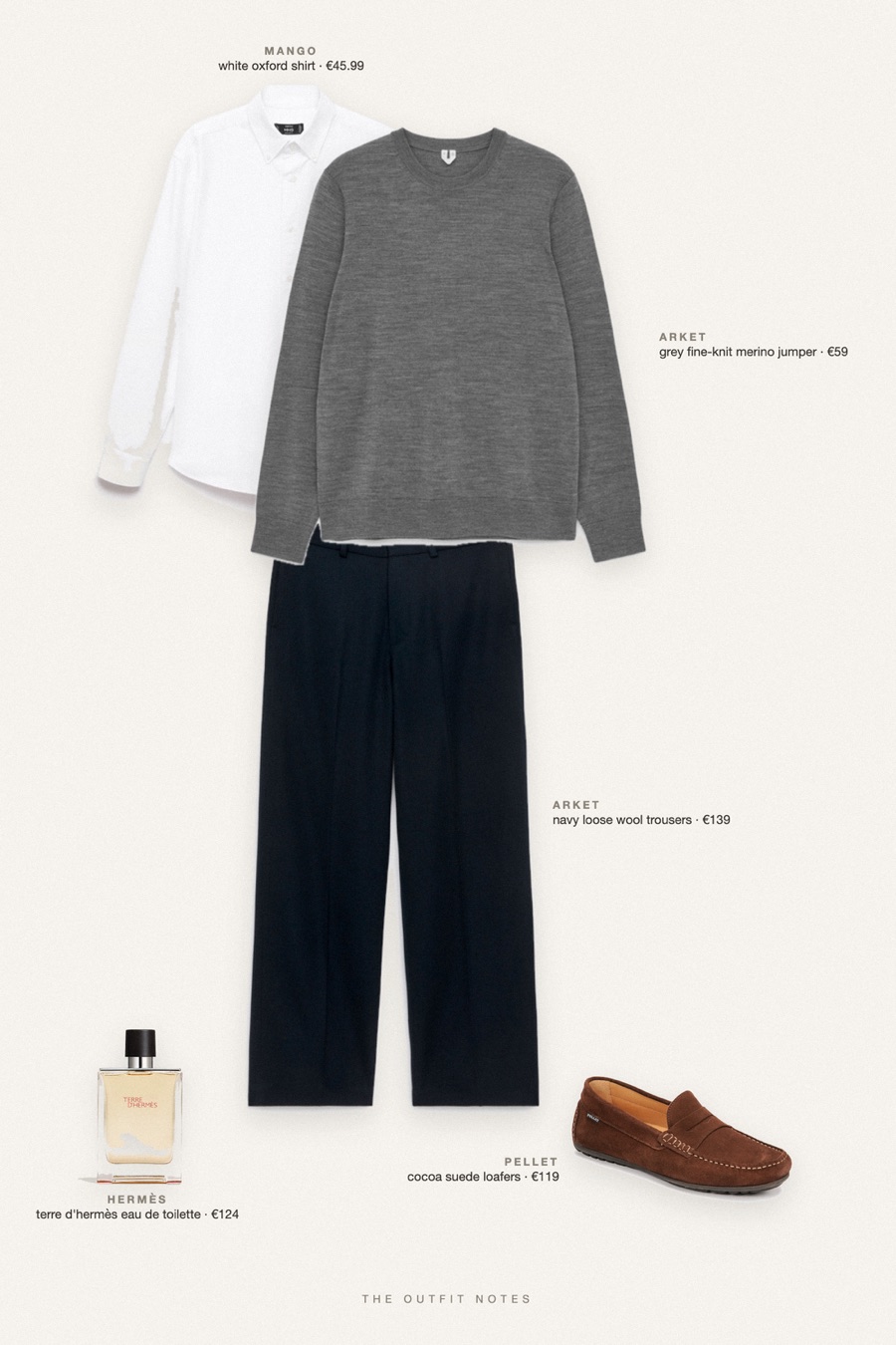 Flat-lay of the pieces in this outfit: grey fine-knit merino jumper, white oxford shirt, navy loose wool trousers, cocoa suede loafers, terre d'hermès eau de toilette.