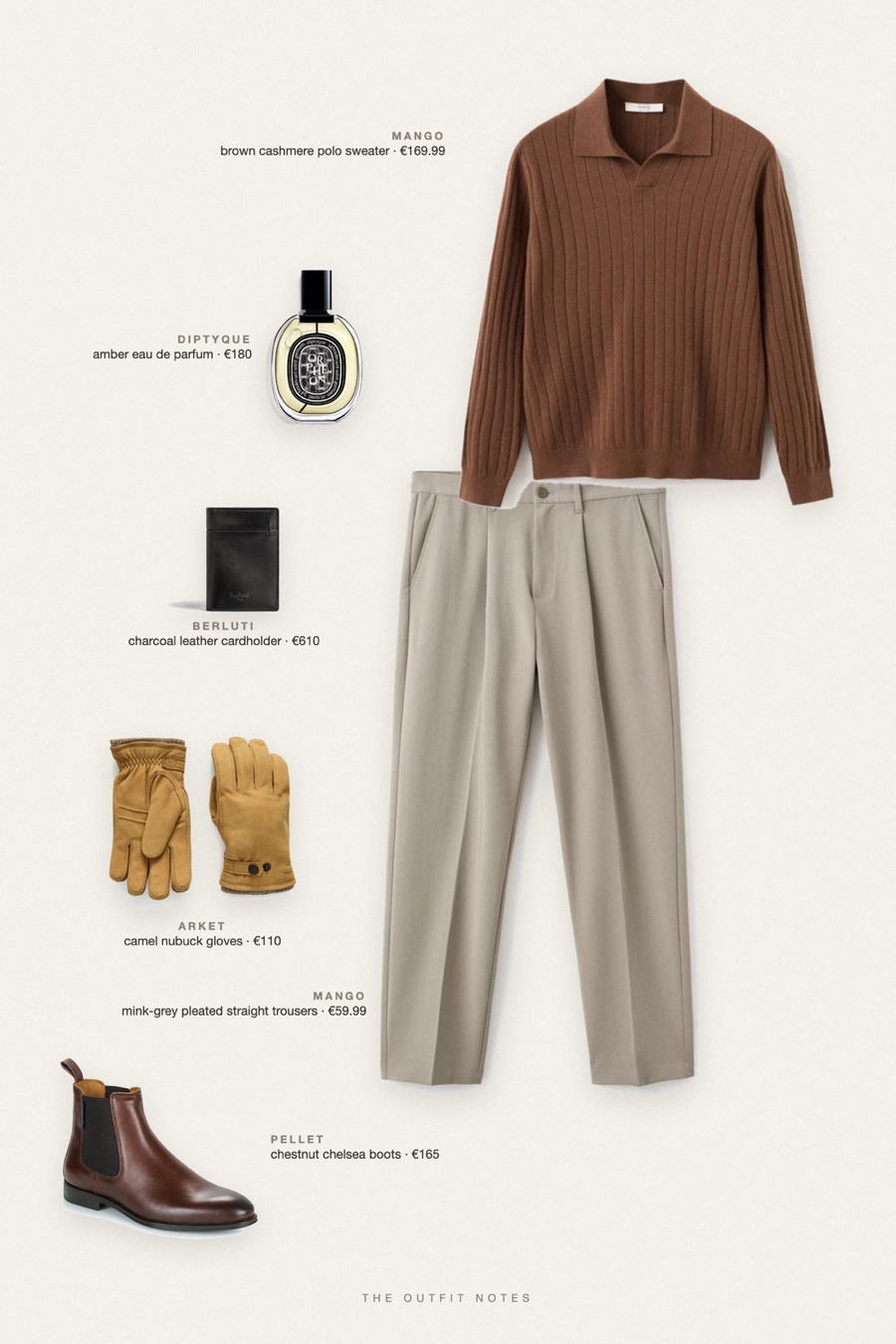 Flat-lay of the pieces in this outfit: brown cashmere polo sweater, mink-grey pleated straight trousers, chestnut chelsea boots, amber eau de parfum, camel nubuck gloves, charcoal leather cardholder.