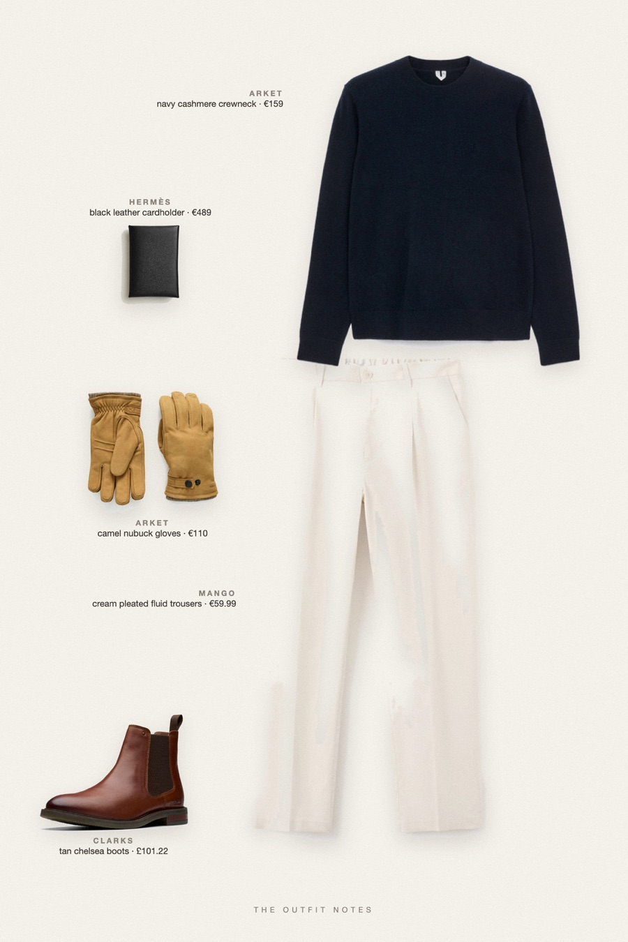 Flat-lay of the pieces in this outfit: navy cashmere crewneck, cream pleated fluid trousers, tan chelsea boots, black leather cardholder, camel nubuck gloves.