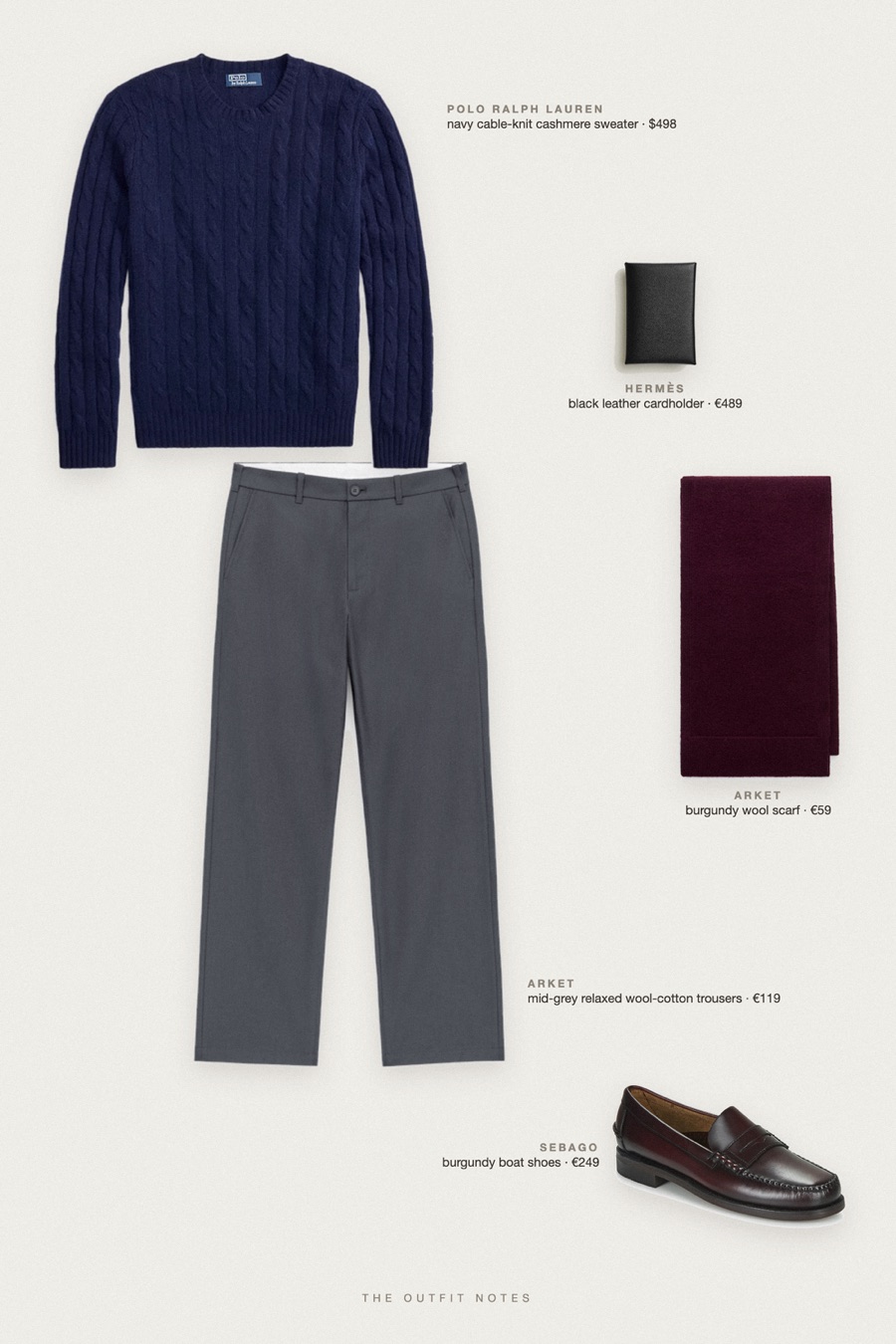 Flat-lay of the pieces in this outfit: navy cable-knit cashmere sweater, mid-grey relaxed wool-cotton trousers, burgundy boat shoes, burgundy wool scarf, black leather cardholder.