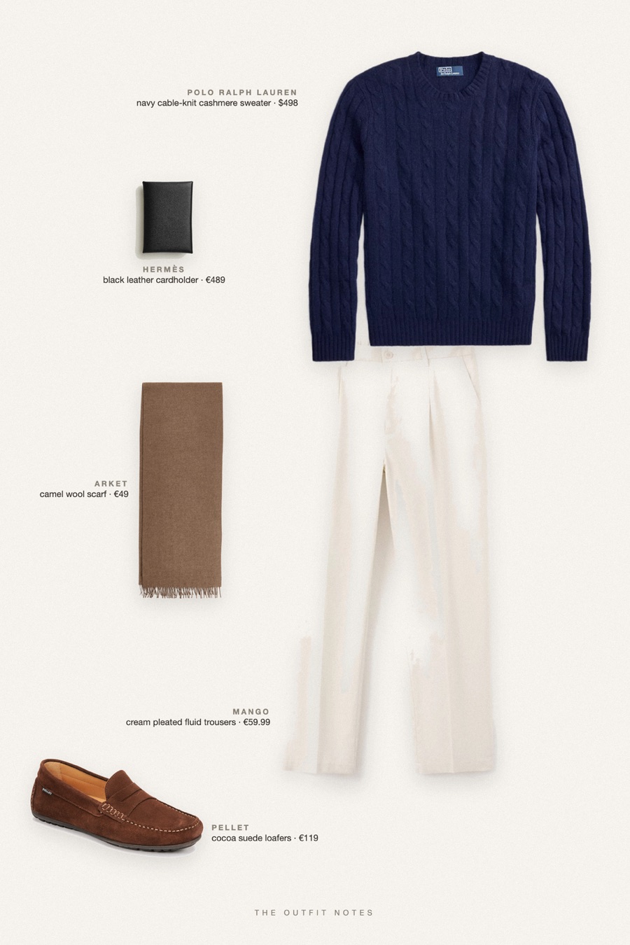 Flat-lay of the pieces in this outfit: navy cable-knit cashmere sweater, cream pleated fluid trousers, cocoa suede loafers, camel wool scarf, black leather cardholder.