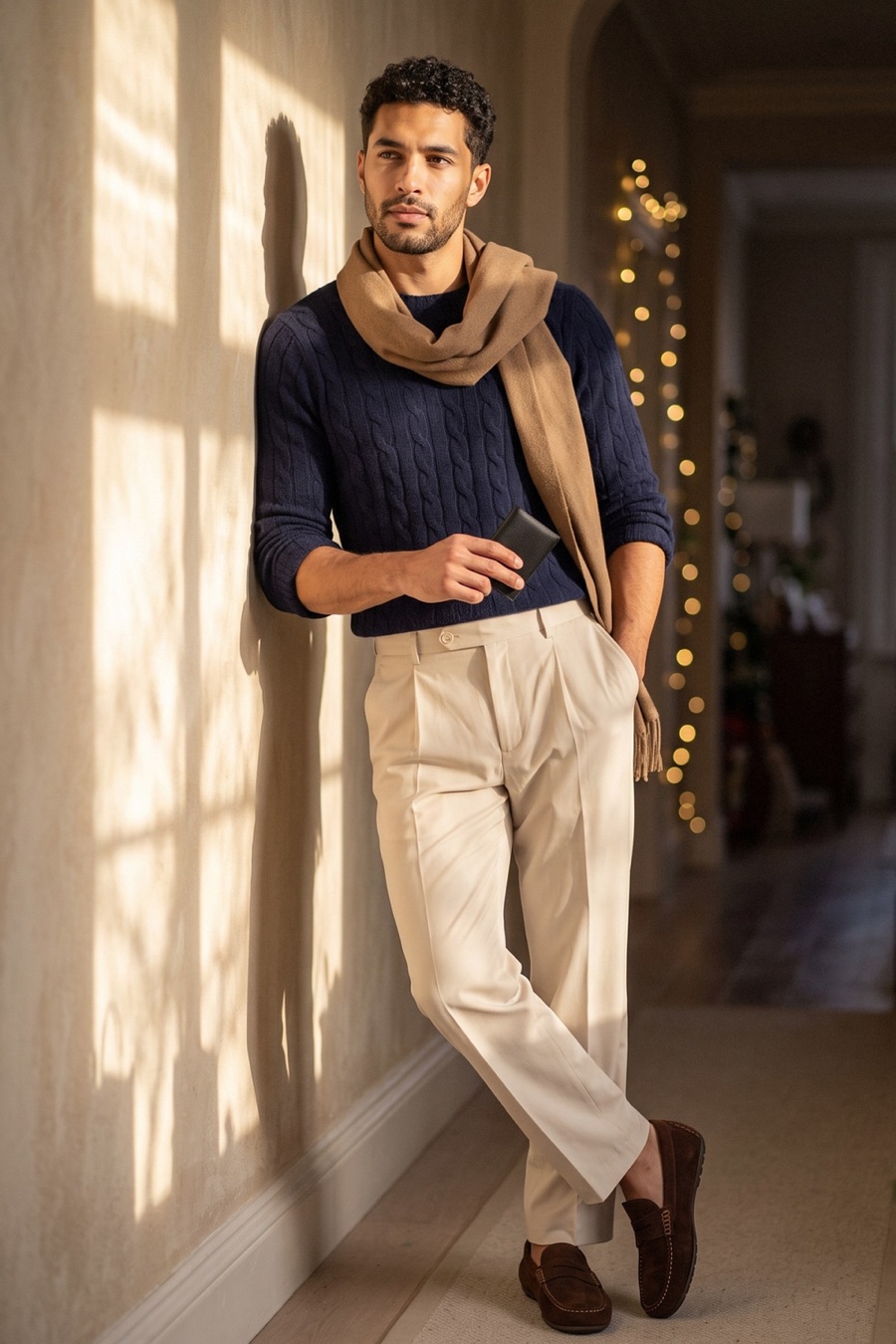 Bearded man looking away in a navy cable-knit sweater, cream trousers and camel scarf, standing against a sunlit wall in a London hallway with soft Christmas lights.