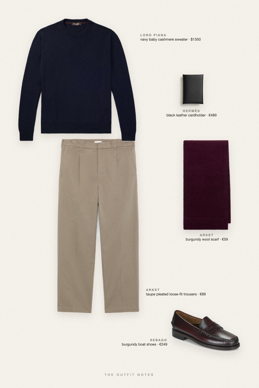 Flat-lay of the pieces in this outfit: navy baby cashmere sweater, taupe pleated loose-fit trousers, burgundy boat shoes, black leather cardholder, burgundy wool scarf.