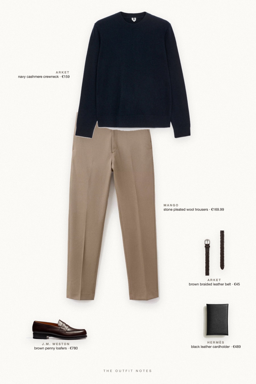 Flat-lay of the pieces in this outfit: navy cashmere crewneck, stone pleated wool trousers, brown penny loafers, black leather cardholder, brown braided leather belt.