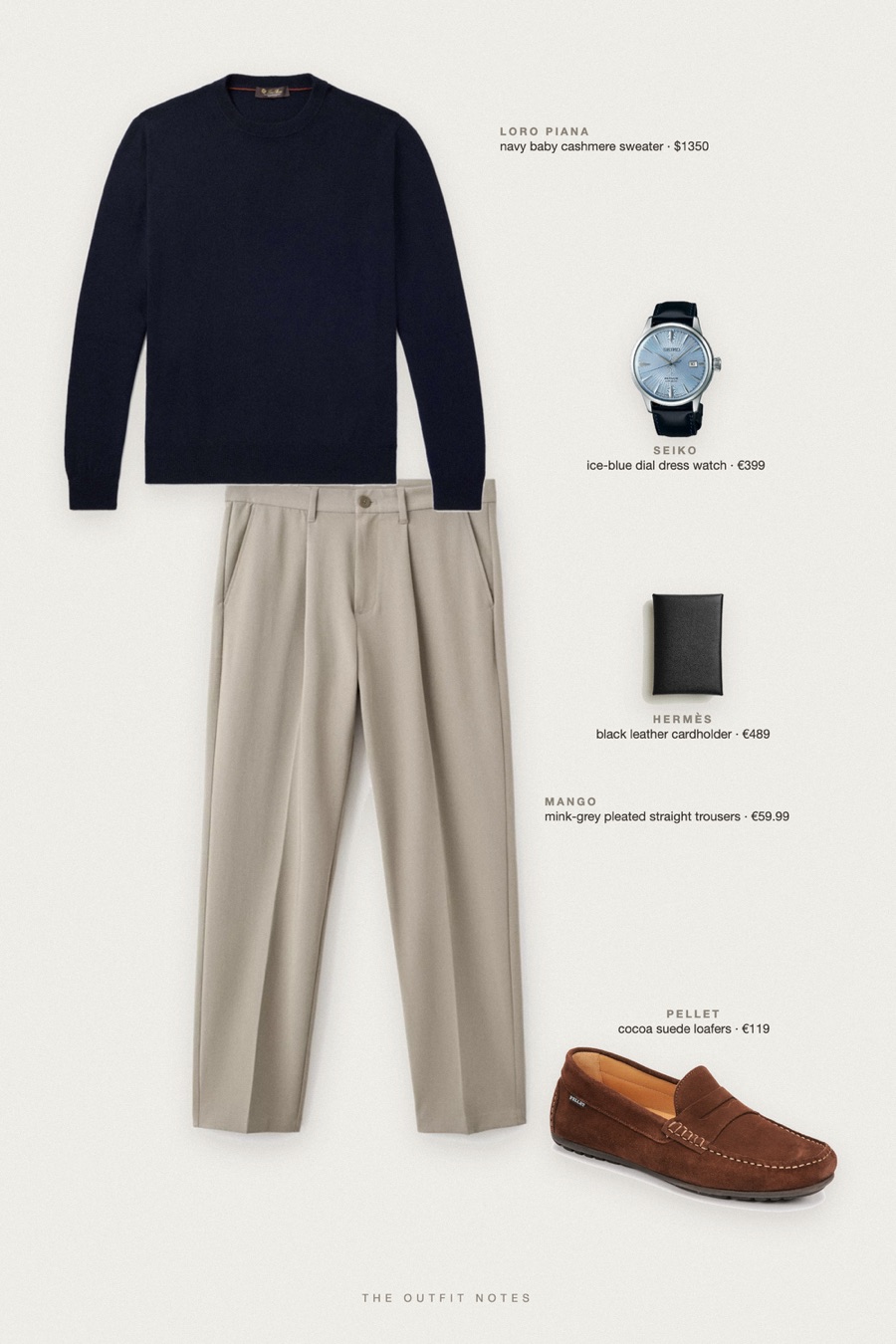 Flat-lay of the pieces in this outfit: navy baby cashmere sweater, mink-grey pleated straight trousers, cocoa suede loafers, ice-blue dial dress watch, black leather cardholder.